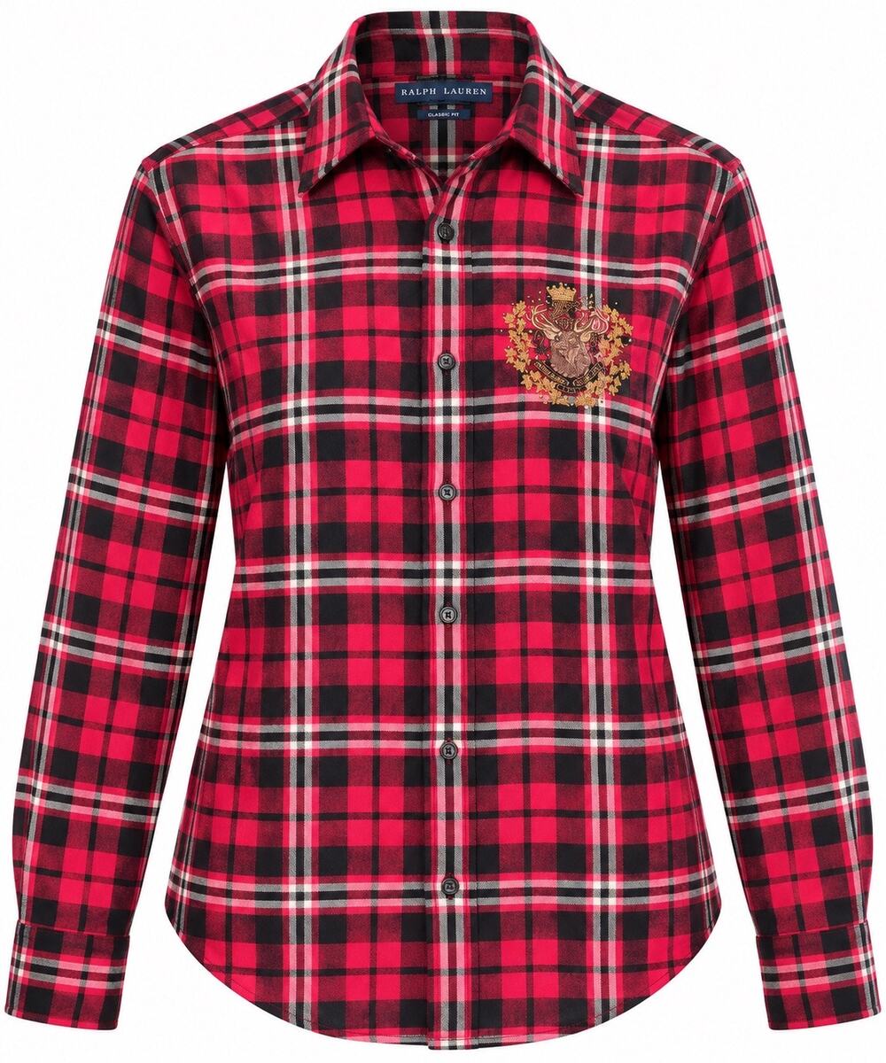 Ralph Lauren Plaid Embroidered Deer Crest Shirt Size 12 Cotton Silk Classic Fit